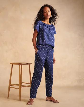Printed Linen Tapered Leg Trousers