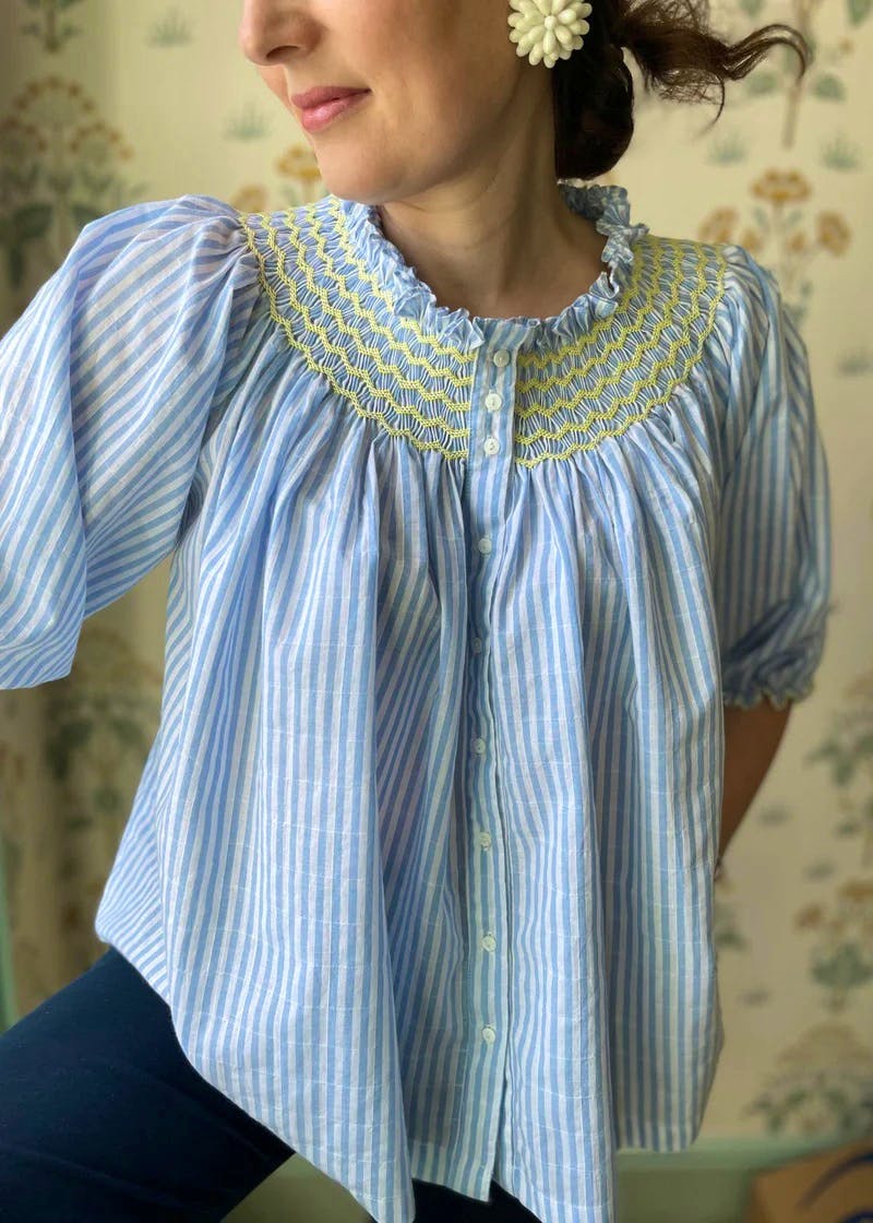 Smock London Cleopatra Women's Blouse Blue Stripe Grid With Lemon Hand Smocking Edition 3, £145