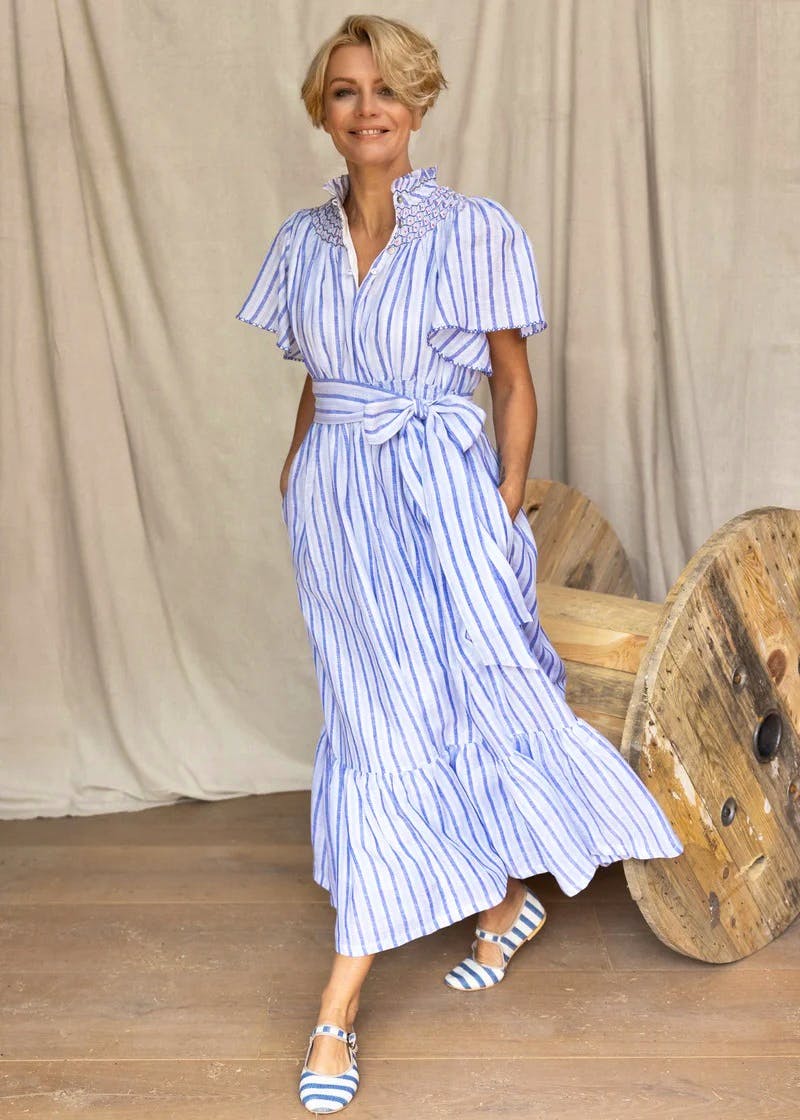 Smock London Colette Women's Dress Blue Monday Stripe Linen With Paradise Fish Hand Smocking, £275