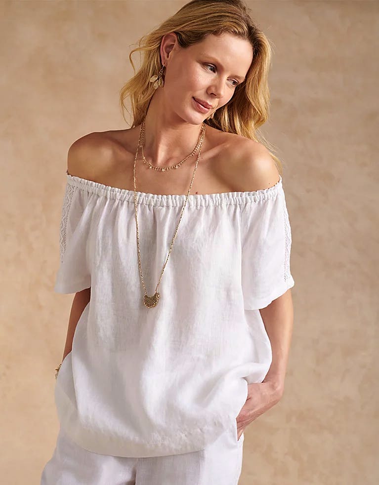 Linen Gathered Blouse With Lace Insert NOW £53.40