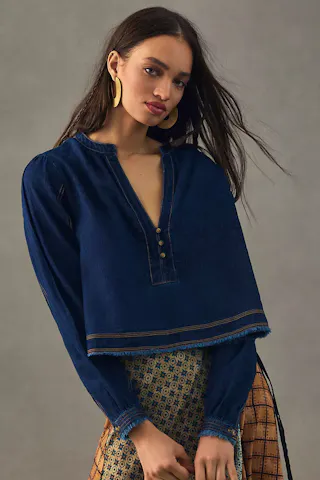 Pilcro Cropped Denim Peasant Shirt
