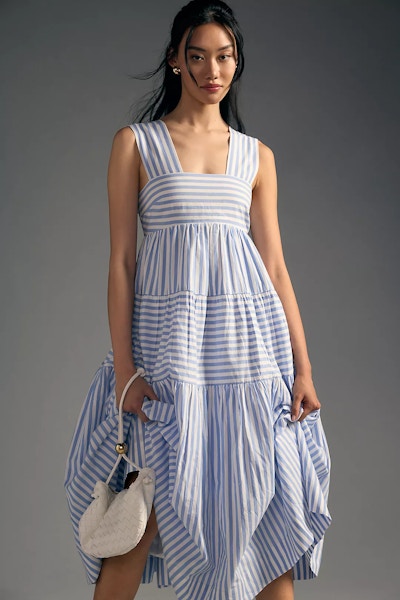 By Anthropologie Square-Neck Tiered Babydoll Midi Dress NOW £91