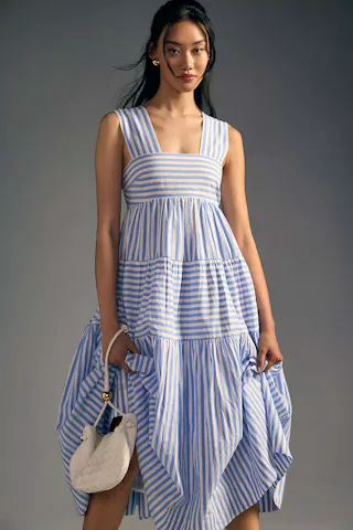 By Anthropologie Square-Neck Tiered Babydoll Midi Dress