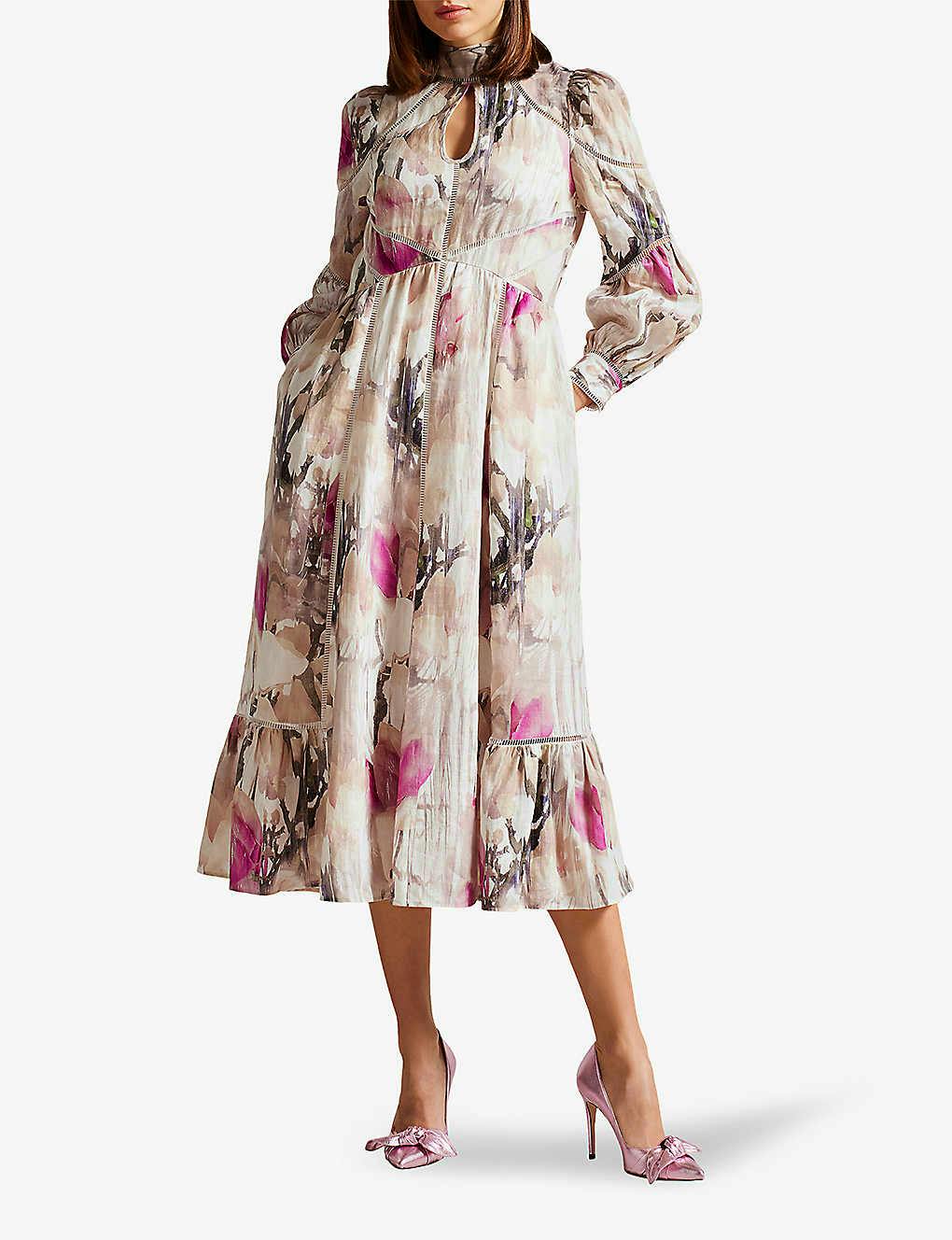 Ted Baker Freisya Floral Print Cut Out Linen Midi Dress NOW £177