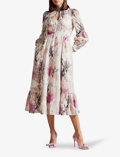 Ted Baker Freisya Floral Print Cut Out Linen Midi Dress NOW £177