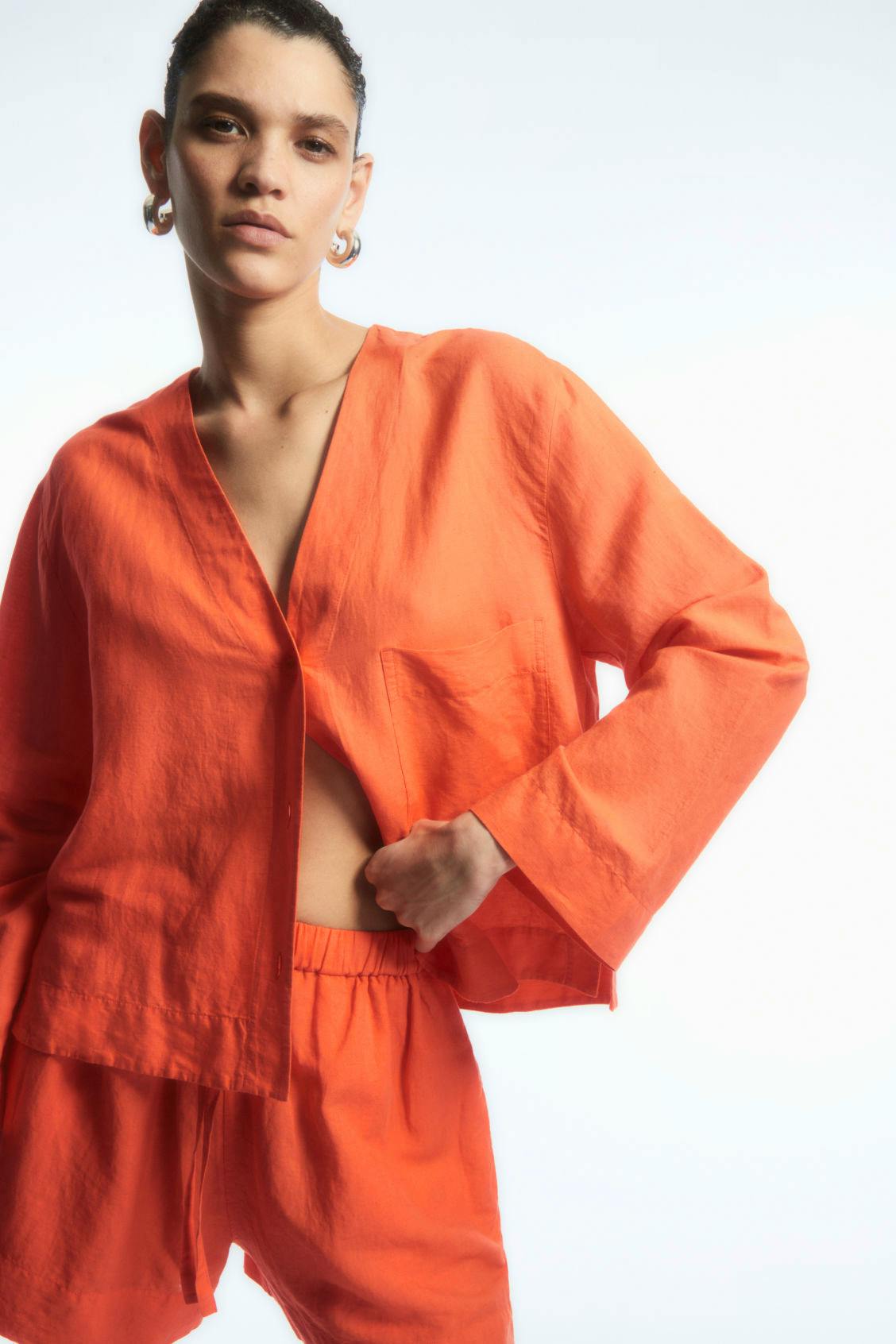 COS Cropped V Neck Linen Shirt, £59, Linen Drawstring Shorts, £45