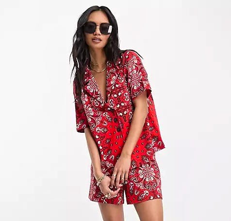 ASOS Red Bandana Print Co-Ord Set, Shirt £22, Red Bandan Print Co-Ord Shorts, £18