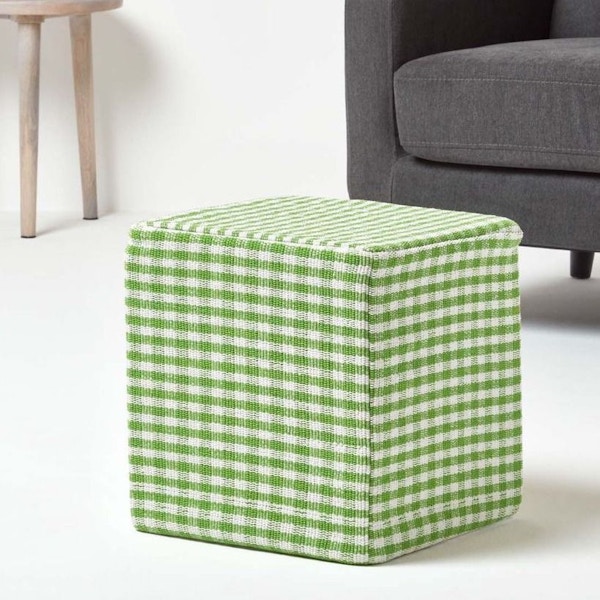 Homescapes Green Gingham Check Cotton Cube Pouffe, £29.99