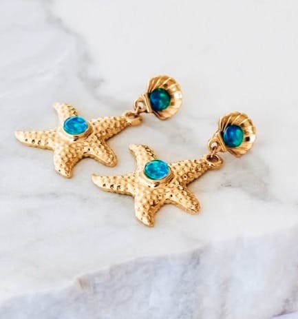 Wolf & Badger Elusive Shell & Starfish Gold Opal Earrings - Blue, Green, £61