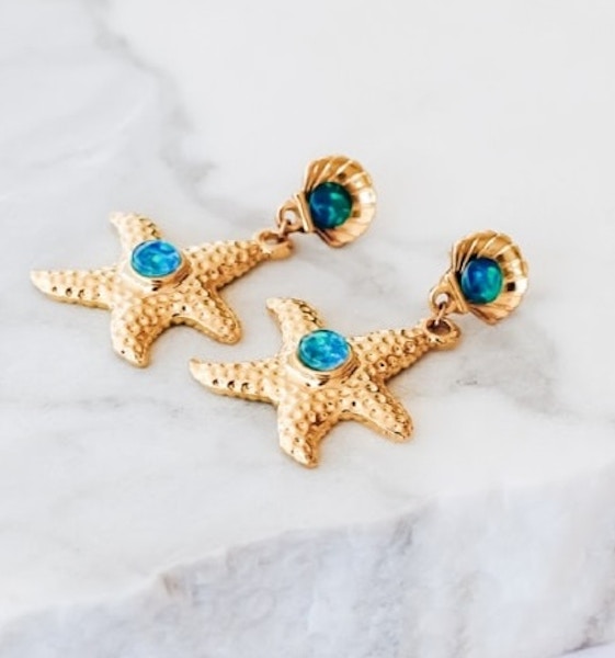 Wolf & Badger Elusive Shell & Starfish Gold Opal Earrings - Blue, Green, £61