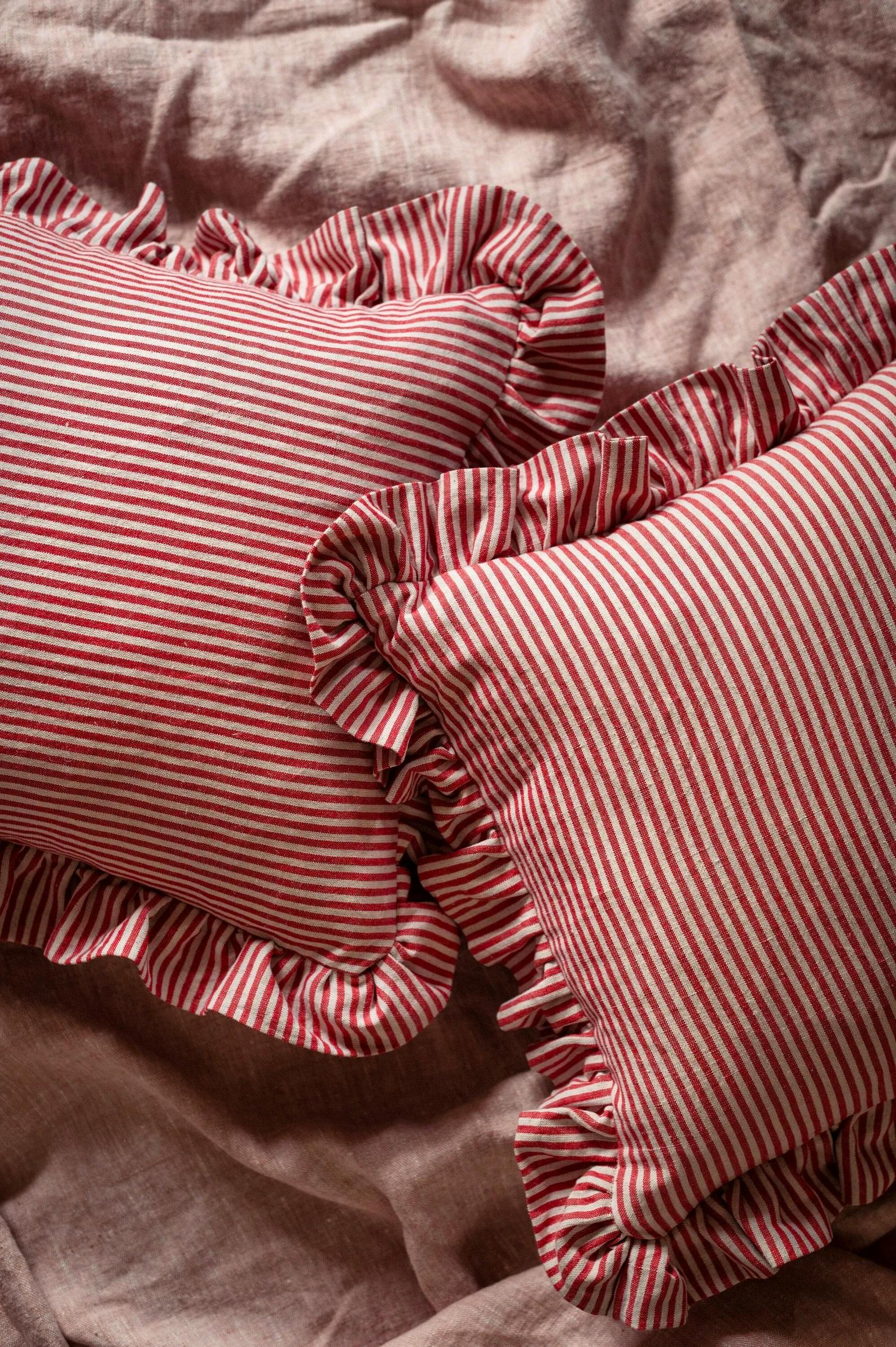 Loral UK Circus Red Stripe Linen Ruffle Pillow Cushion, £50
