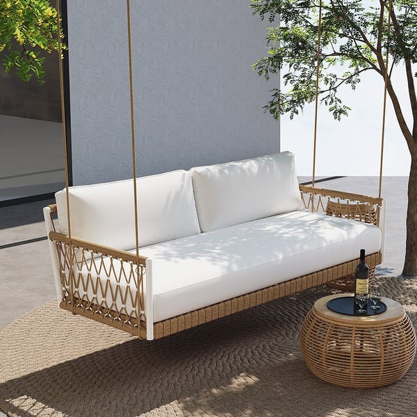 Homary Ropipe Boho 2-Seater Khaki Woven Rope Outdoor Patio Swing Sofa with White Cushion, £1,399.99