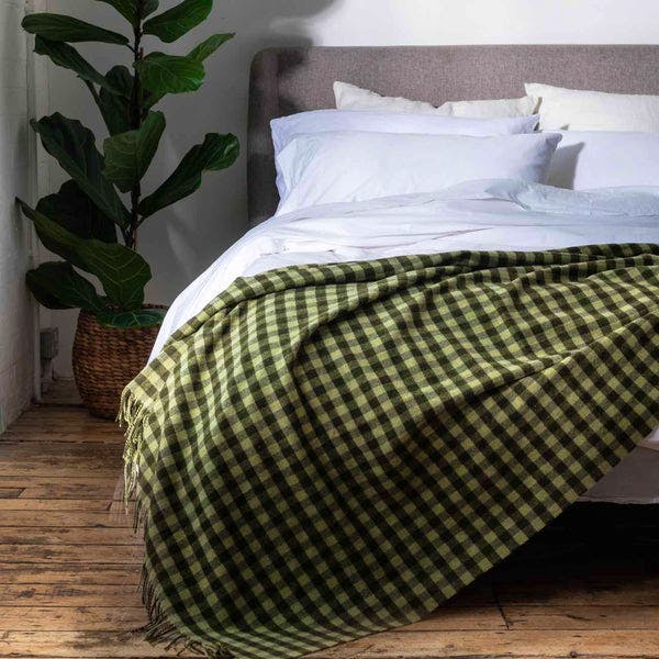 Piglet In Bed Botanical Green Gingham Wool Blanket, NOW £103.20