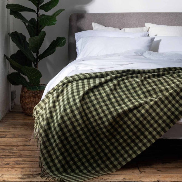 Piglet In Bed Botanical Green Gingham Wool Blanket, NOW £103.20