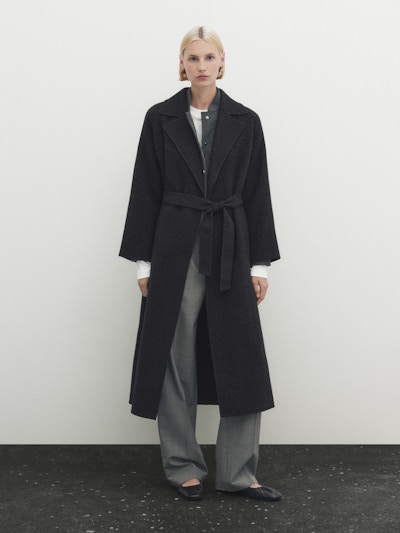 Massimo Dutti Long Wool Blend Check Robe Coat, £299