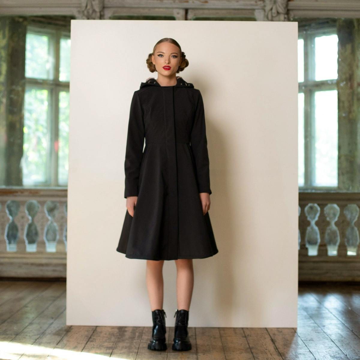 Rain Sisters Fitted & Flared Black Waterproof Coat With Hood: Midnight Black, £340