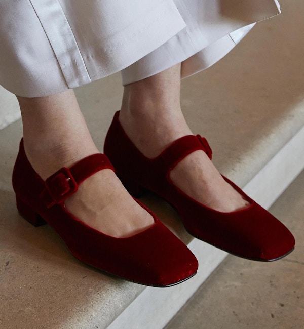 Coming Soon - Low Mary Jane Velvet Shoe - Red  Copy