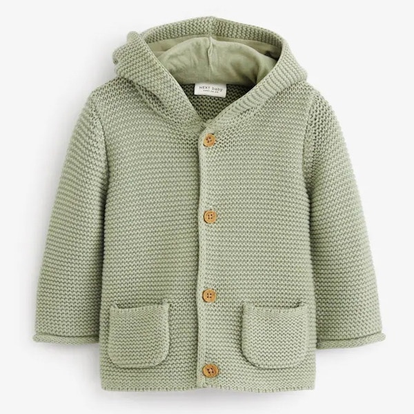 Next Sage Green Knitted Baby Bear Ear Hooded Cardigan, £12