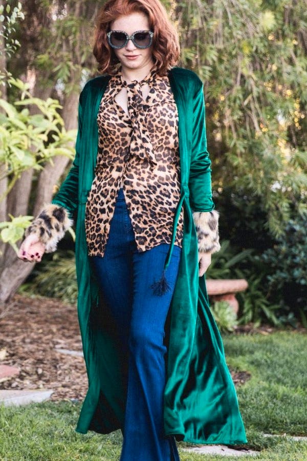 Wolf & Badger Emerald Velvet Duster W. Faux Fur Leopard Cuffs, £209