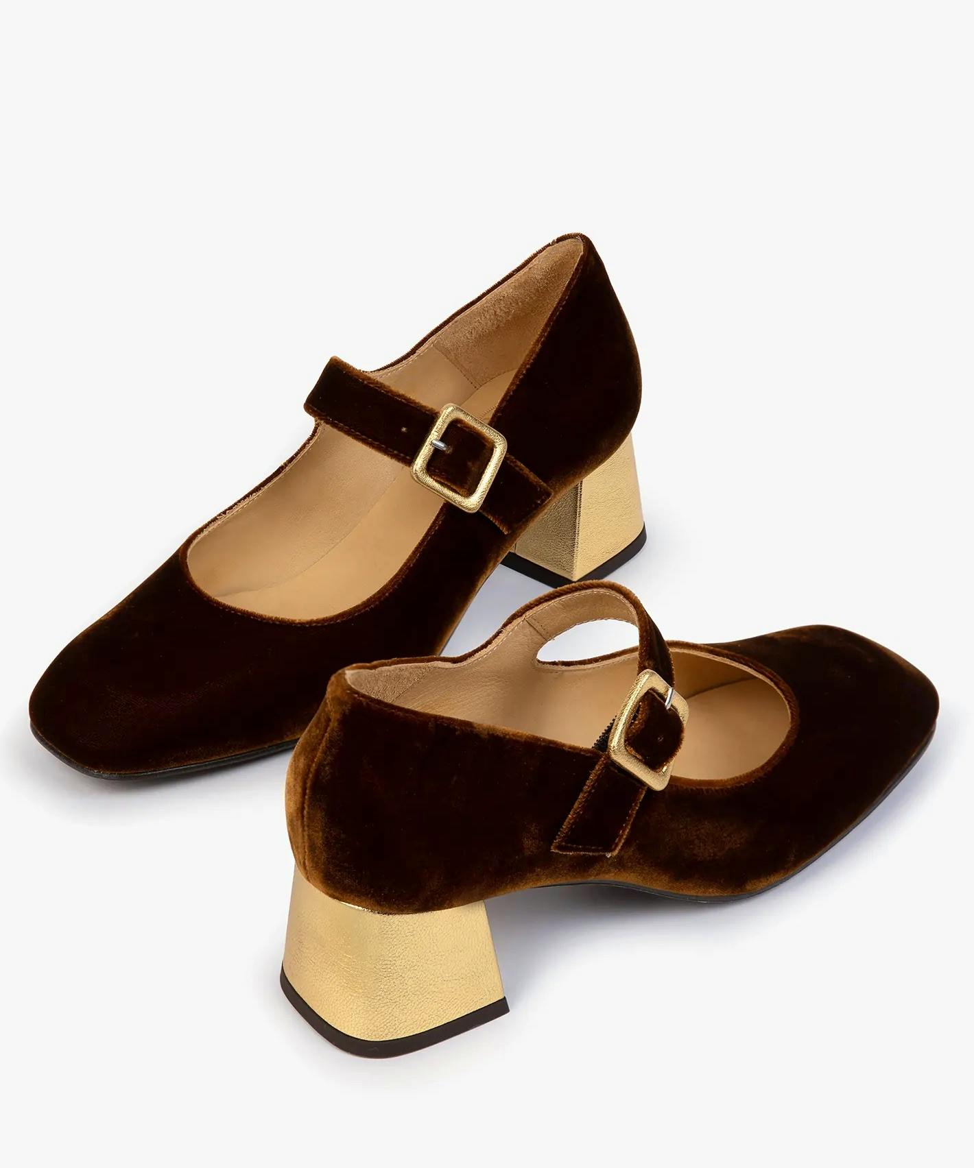 Penelope Chilvers Mid Mary Jane Velvet Shoe - Honey/Gold, £239