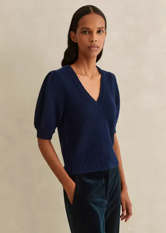 Lofty Wool Cashmere Silk V Neck Pouf Sleeve Tee