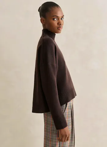 Merino Cashmere High Neck Curved Hem Jumper