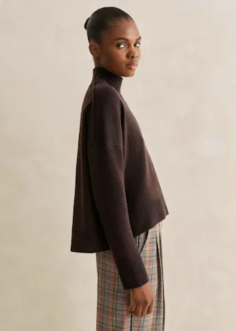 Merino Cashmere High Neck Curved Hem Jumper