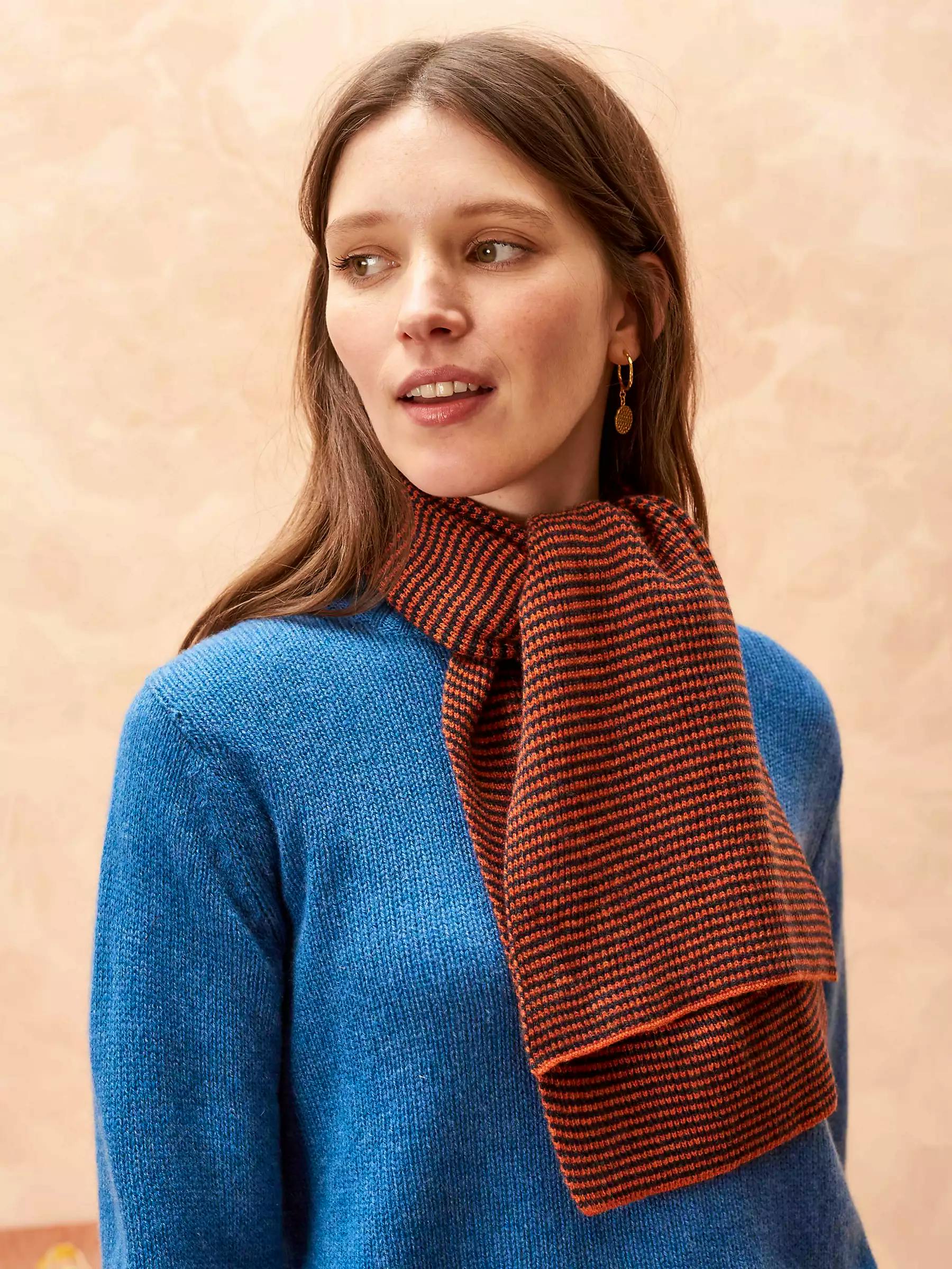 Brora Cashmere Fine Stripe Scarf, Ember/Midnight £135