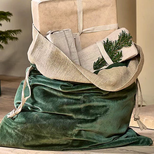 Nkuku Karru Velvet Christmas Sack, Forest Green, £50
