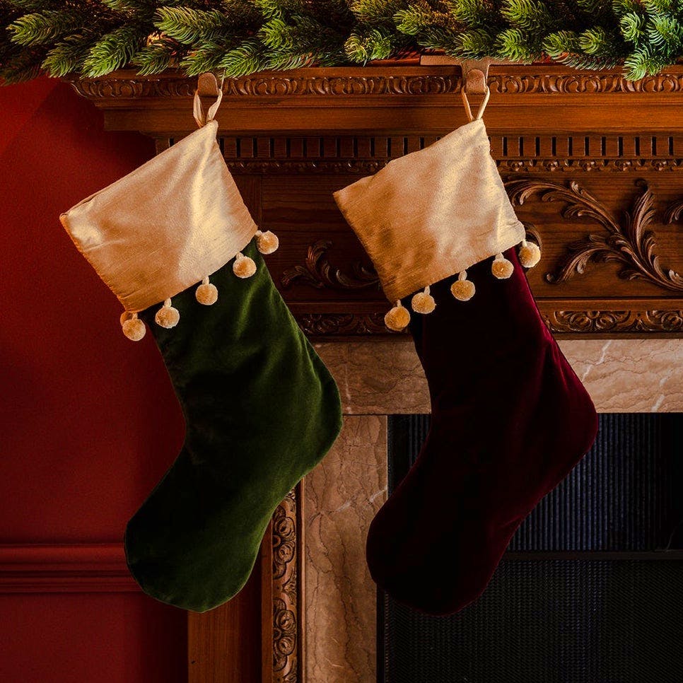 Rebecca Udall Velvet & Silk Pom Pom Christmas Stocking, Burgundy, £72