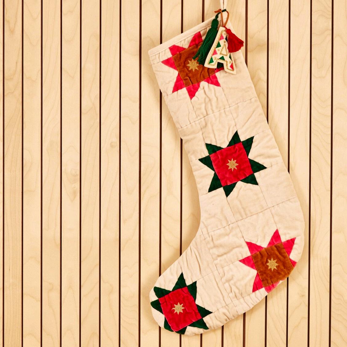 Oliver Bonas White Velvet Patchwork Fabric Christmas Stocking, £25