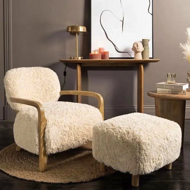 Where Saints Go Cabana Yeti Accent Chair - Faux Yak Sheepskin Sand - Solid Oak Arms, £599