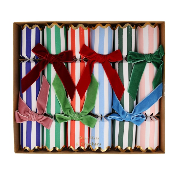 Meri Meri Striped Velvet-Bow Christmas Crackers (Set of 6), £28