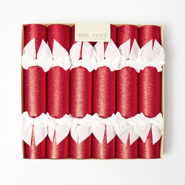 Mrs Alice Red Glitter Crackers With White Velvet Bows (Set Of 6), £50