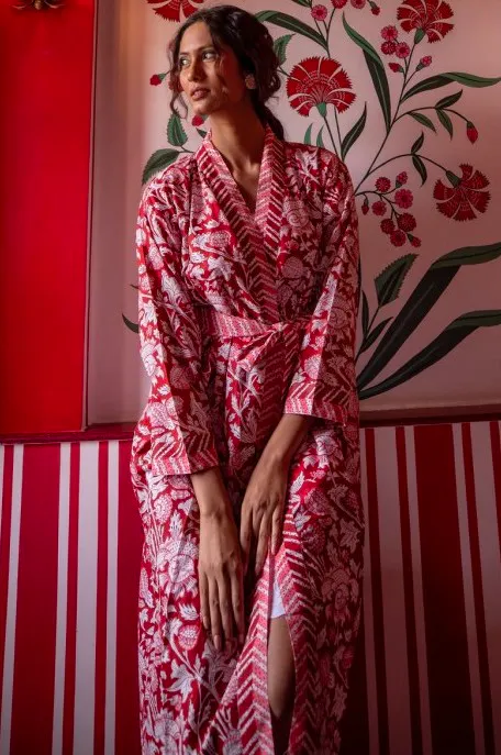 Wolf & Badger Hand Block Printed Kimono Robe – Vintage Red, £69