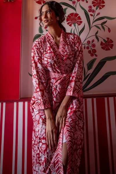 Wolf & Badger Hand Block Printed Kimono Robe – Vintage Red, £69