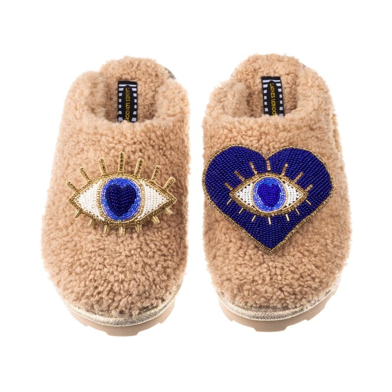 Wolf & Badger Teddy Towelling Closed Toe Slippers With Double Blue Eye Brooches – Toffee, £59