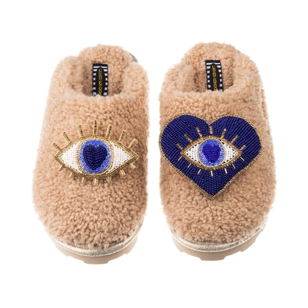 Wolf & Badger Teddy Towelling Closed Toe Slippers With Double Blue Eye Brooches – Toffee, £59