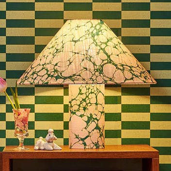 The Design Yard Margate Marble Linen Cane Table Lamp - Emerald Pinky, £195