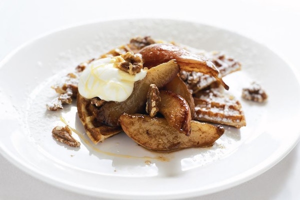 Waffles With Brandied Pears, Walnuts And Wildflower Honey 