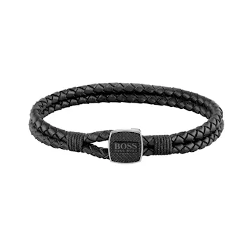 Boss Seal Black Leather Stainless Steel Bracelet