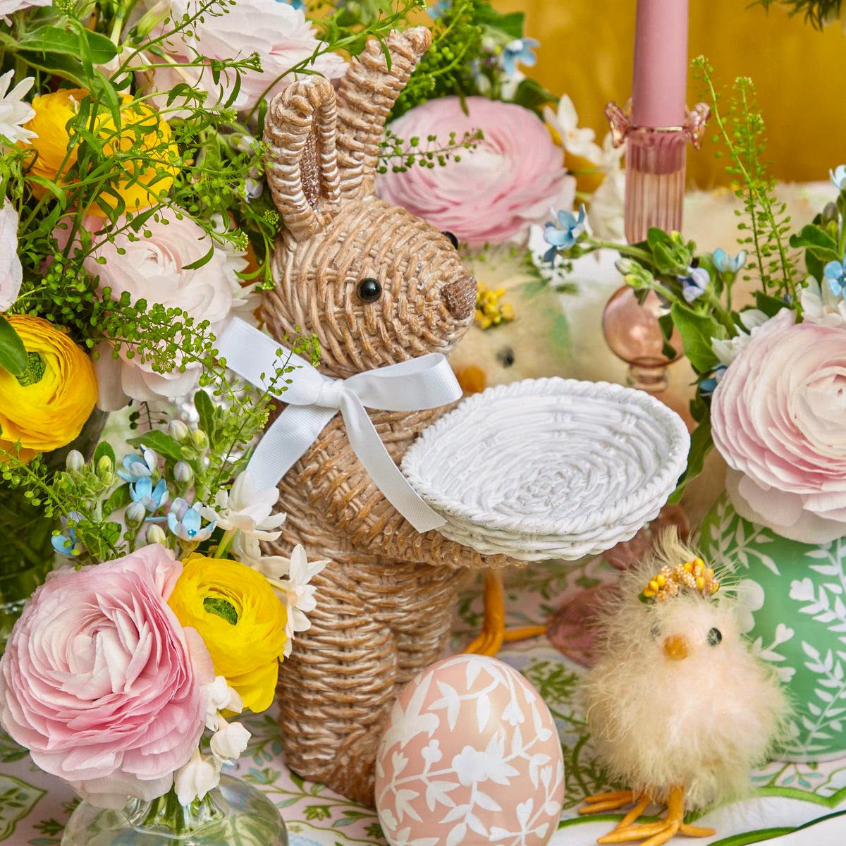 Mrs Alice Rattan Ribboned Rabbit With Basket (Pair), £78