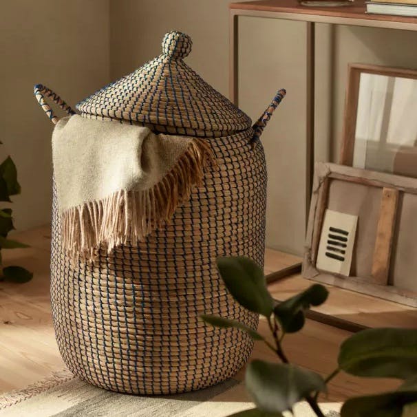 John Lewis Seagrass Laundry Basket, Natural / Navy, £80
