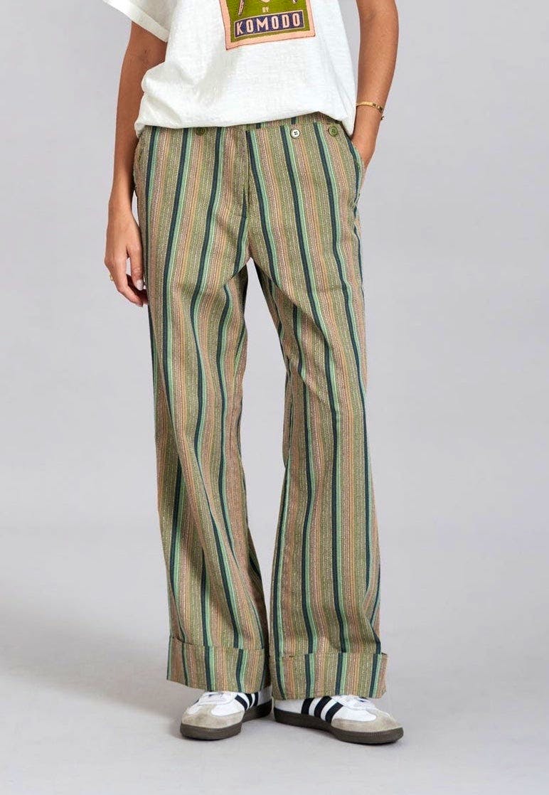 Generous APE TANSY - Organic Cotton Trousers Green Stripe, £87.50