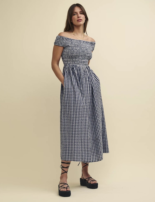 Pure Cotton Gingham Bardot Midaxi Shirred Dress, £85 