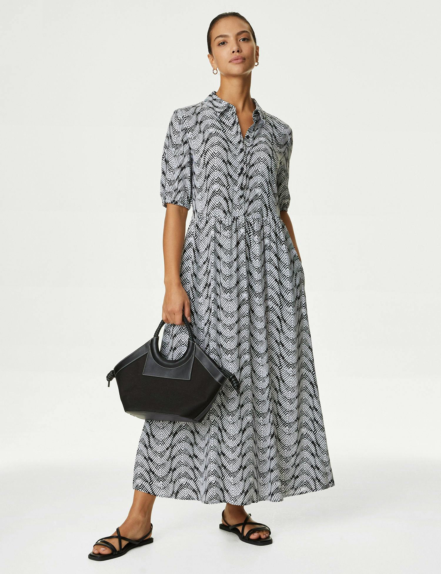 Printed Collared Puff Sleeve Midi Shirt Dress, £35 
