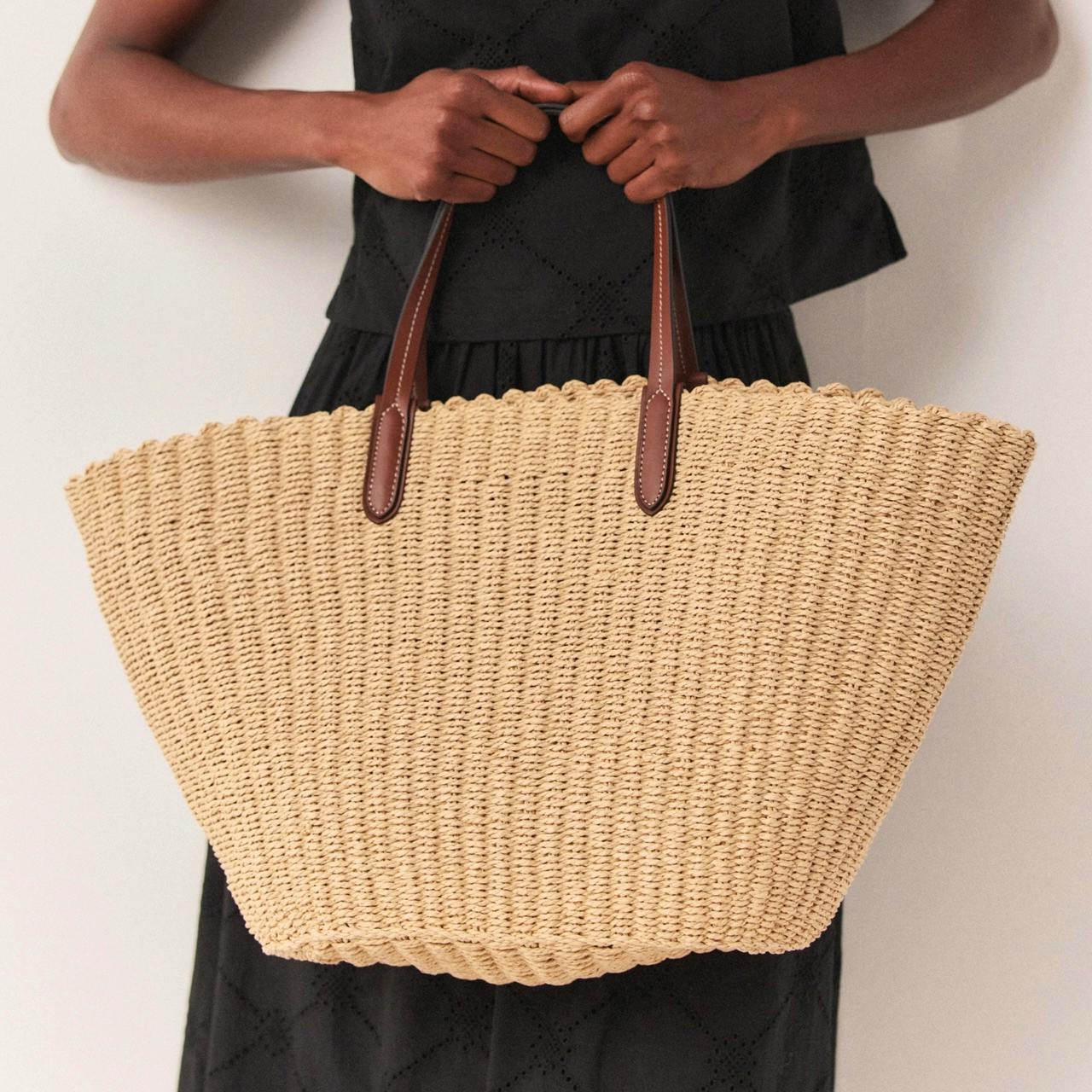 The White Company Leather Trim Straw Basket Tote Bag, £98