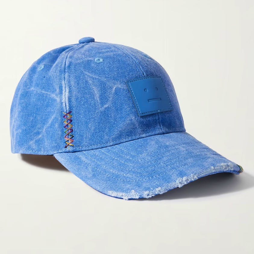 Acne Studios Face Leather-Appliquéd Distressed Cotton-Canvas Baseball Cap, £150