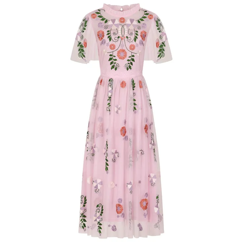 Frock And Frill Althea Floral Embroidered Midi Dress – Pink, £155