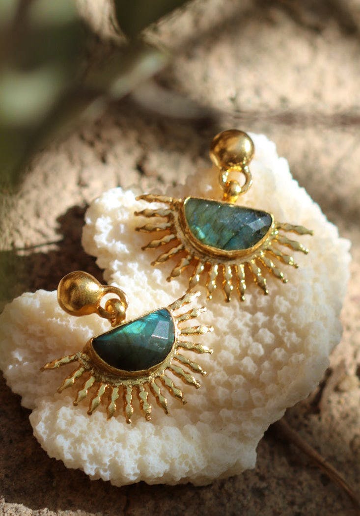 Ottoman Hands Sunrise Labradorite Drop Stud Earrings, £65